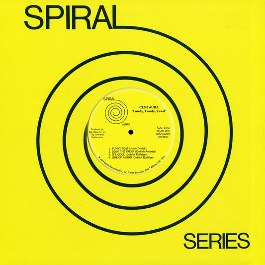 Yellow vinyl record cover with black spiral graphic featuring "Lawdy, Lawdy, Lawd" by Centaura in the Spiral Series