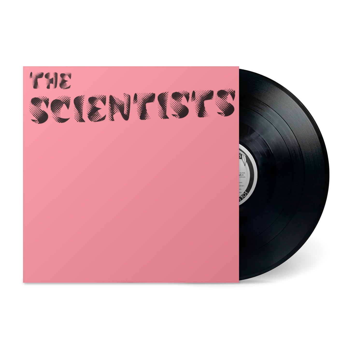S/T vinyl record partially in black sleeve with pink cover featuring "The Scientists" stencil style text