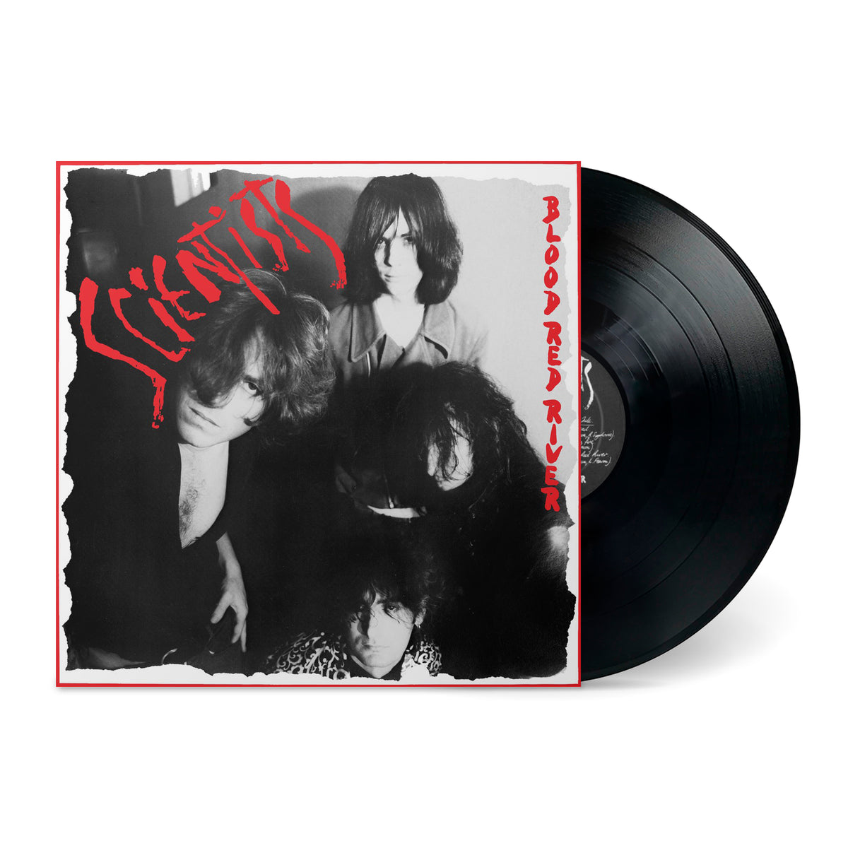 Black vinyl record with Blood Red River album cover featuring band members in black and white with red text