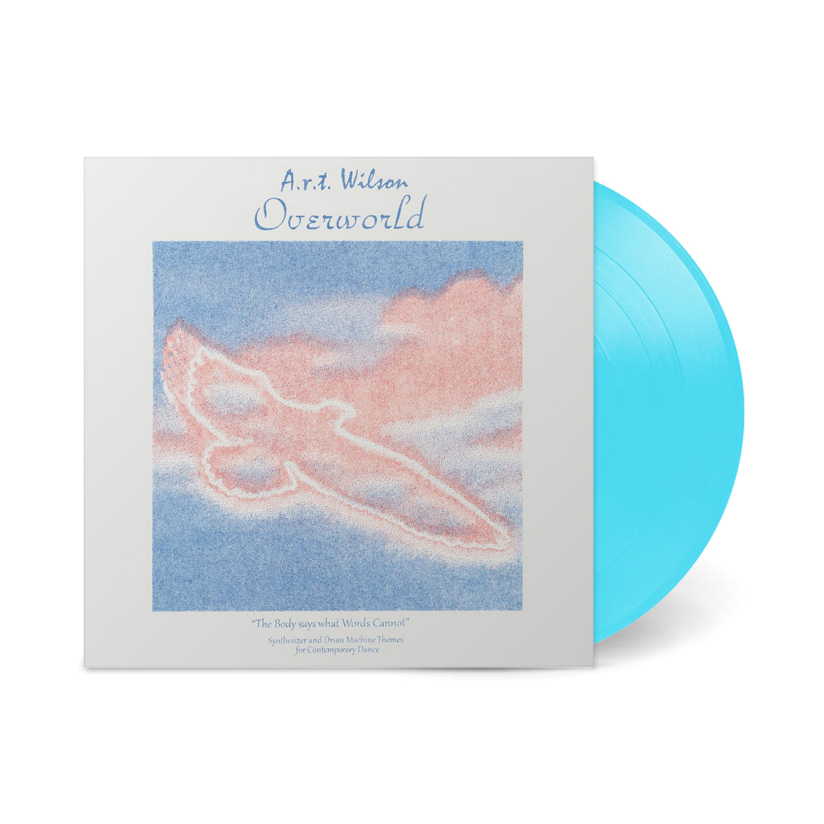 Overworld vinyl record with pastel cloud artwork and bright blue translucent disc by A.r.t. Wilson