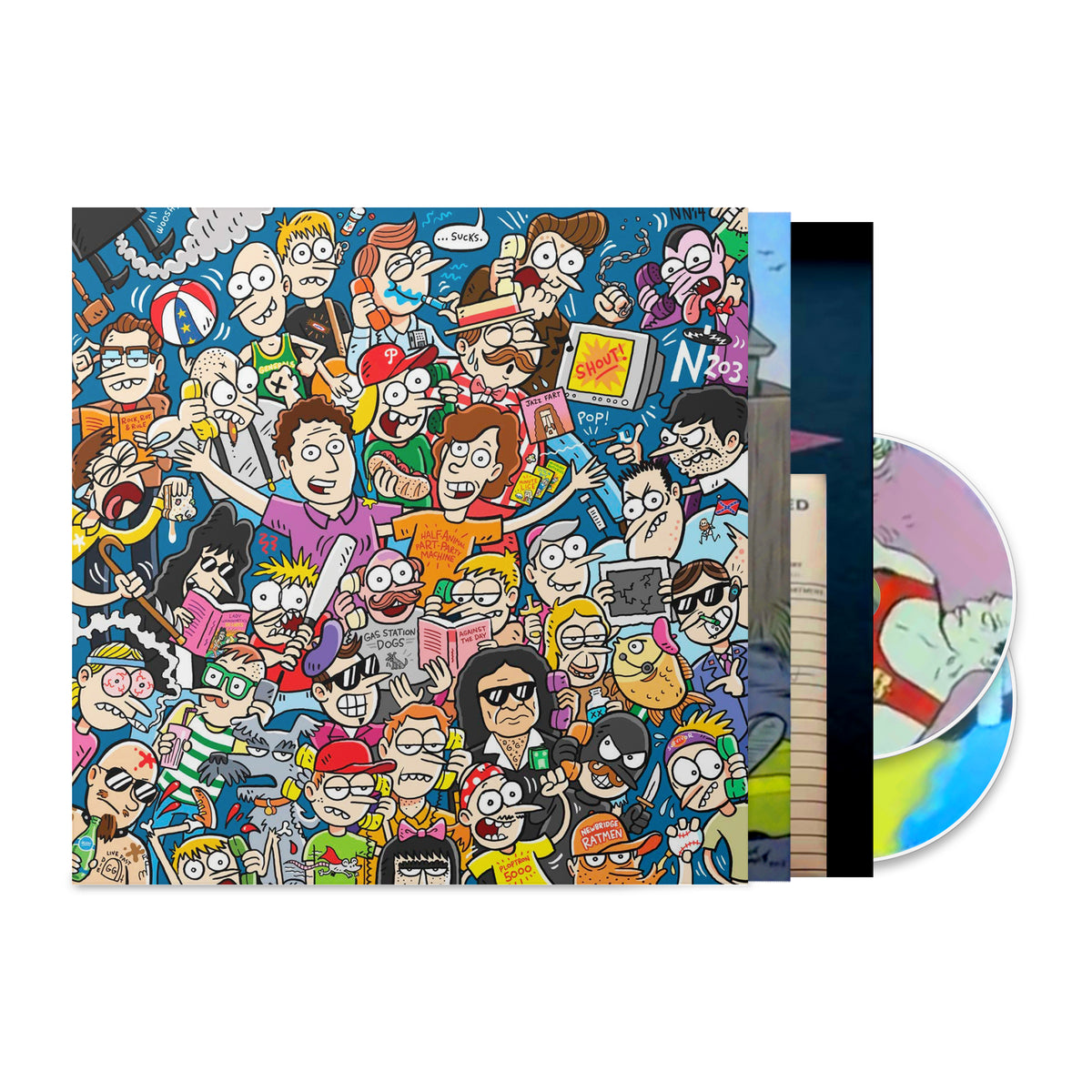 Colorful illustrated cover art featuring quirky characters for The Best of The Best Show CD with partially visible disc