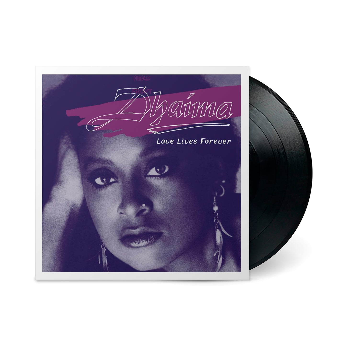 Black vinyl record partially visible with purple-toned cover featuring a woman’s face and text Love Lives Forever