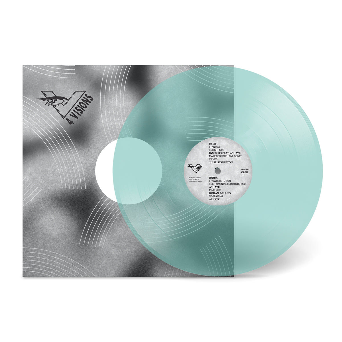 V4 Visions Label Sampler clear turquoise vinyl record with artistic silver and white cover design