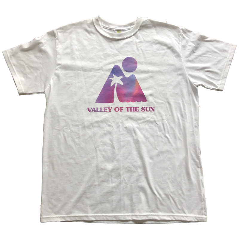 White T-Shirt with purple and pink gradient graphic of mountain, sun, and palm tree with Valley of the Sun text