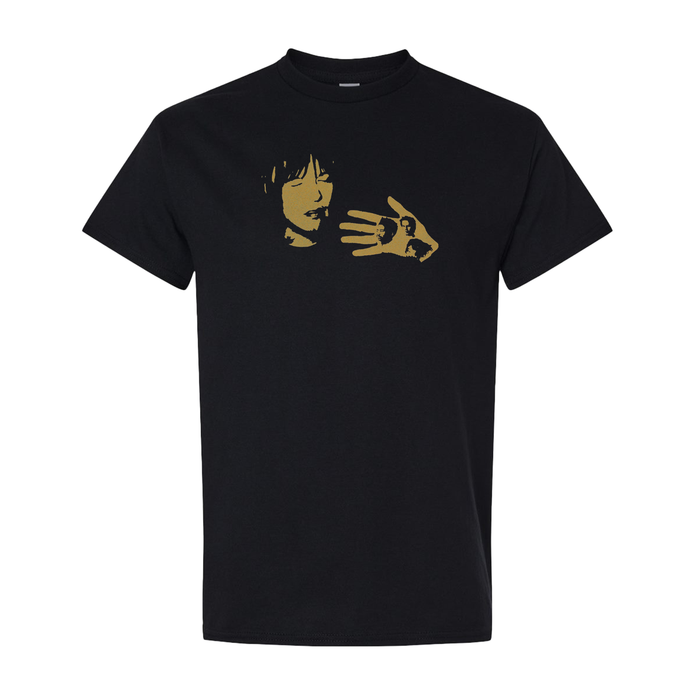 Black 90 Day Men T-shirt featuring a stylized gold graphic of a face and a hand with an eye design