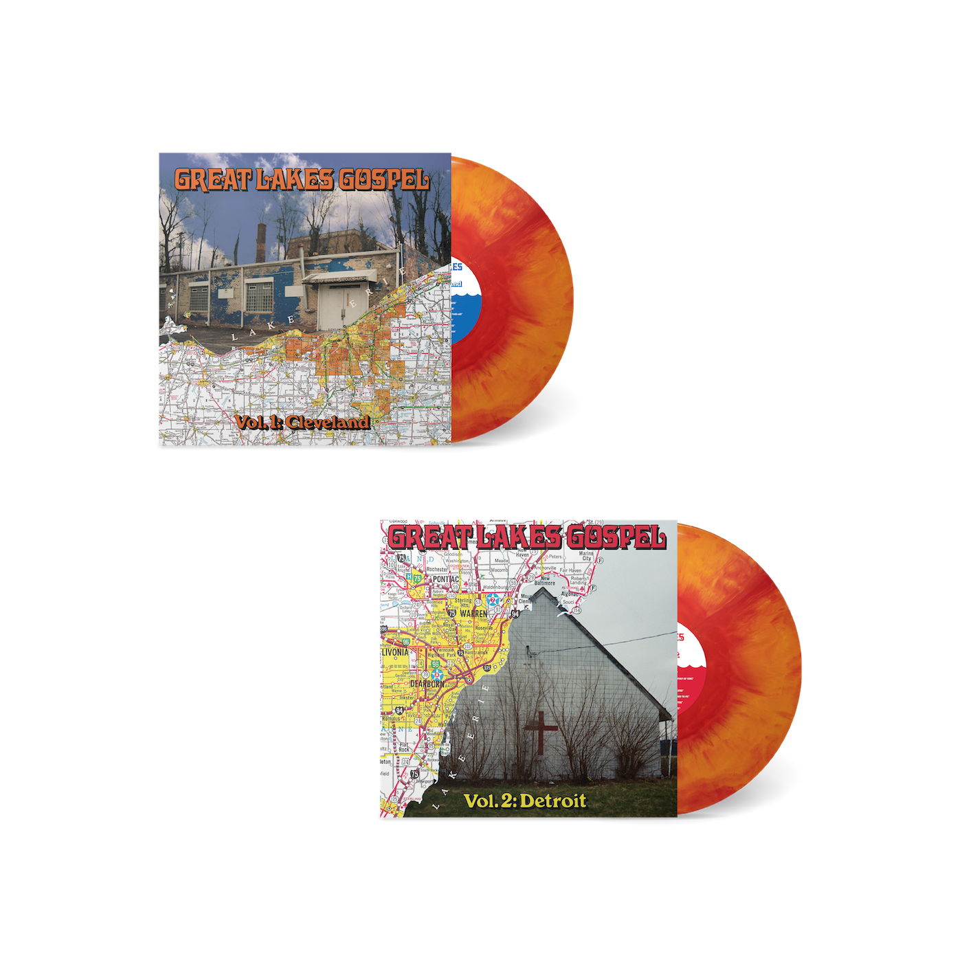 Great Lakes Gospel Bundle featuring two vinyl records with city maps and vibrant orange-red marbled design