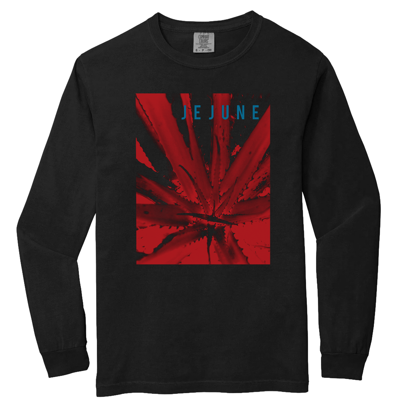 Black long sleeve shirt featuring an abstract red design with the word JEJUNE on the front, This Afternoons Malady T-Shirt