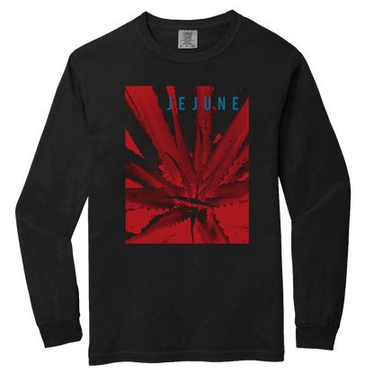 Black long sleeve shirt featuring an abstract red design with the word JEJUNE on the front, This Afternoons Malady T-Shirt