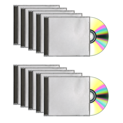 Set of eight CD cases with colorful CDs on a white background