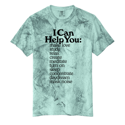 Environments T-Shirt in light green with black text listing ways "I Can Help You" including relax, meditate, sleep, and concentrate.