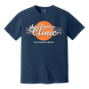The Shyness Clinic T-Shirt in navy blue with orange circle and white retro text design on front