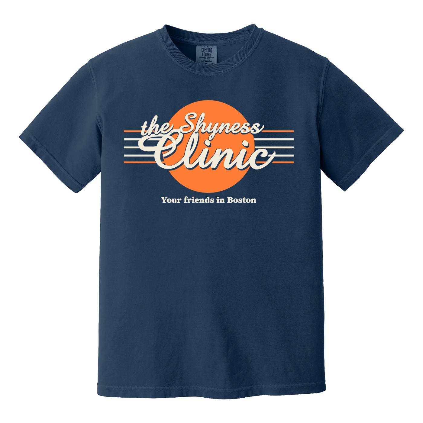 The Shyness Clinic T-Shirt in navy blue with orange circle and white retro text design on front