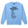 Environments Crewneck (Light Blue) sweatshirt with black text listing various ways it can help on the front