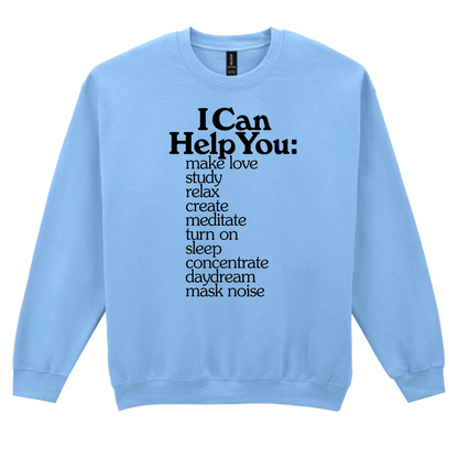 Environments Crewneck (Light Blue) sweatshirt with black text listing various ways it can help on the front