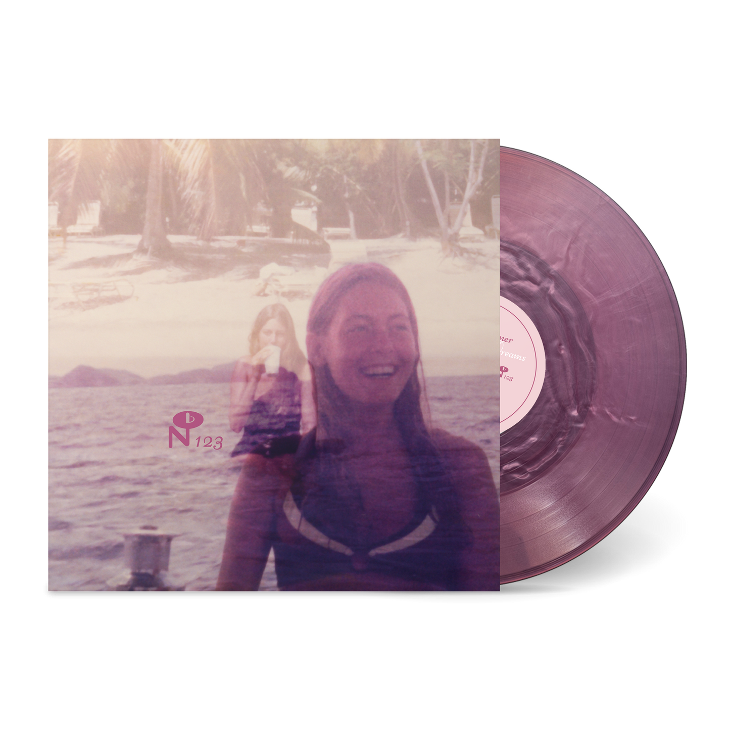 Lady Full Of Dreams vinyl record with purple translucent vinyl and beach-themed cover art featuring a smiling woman