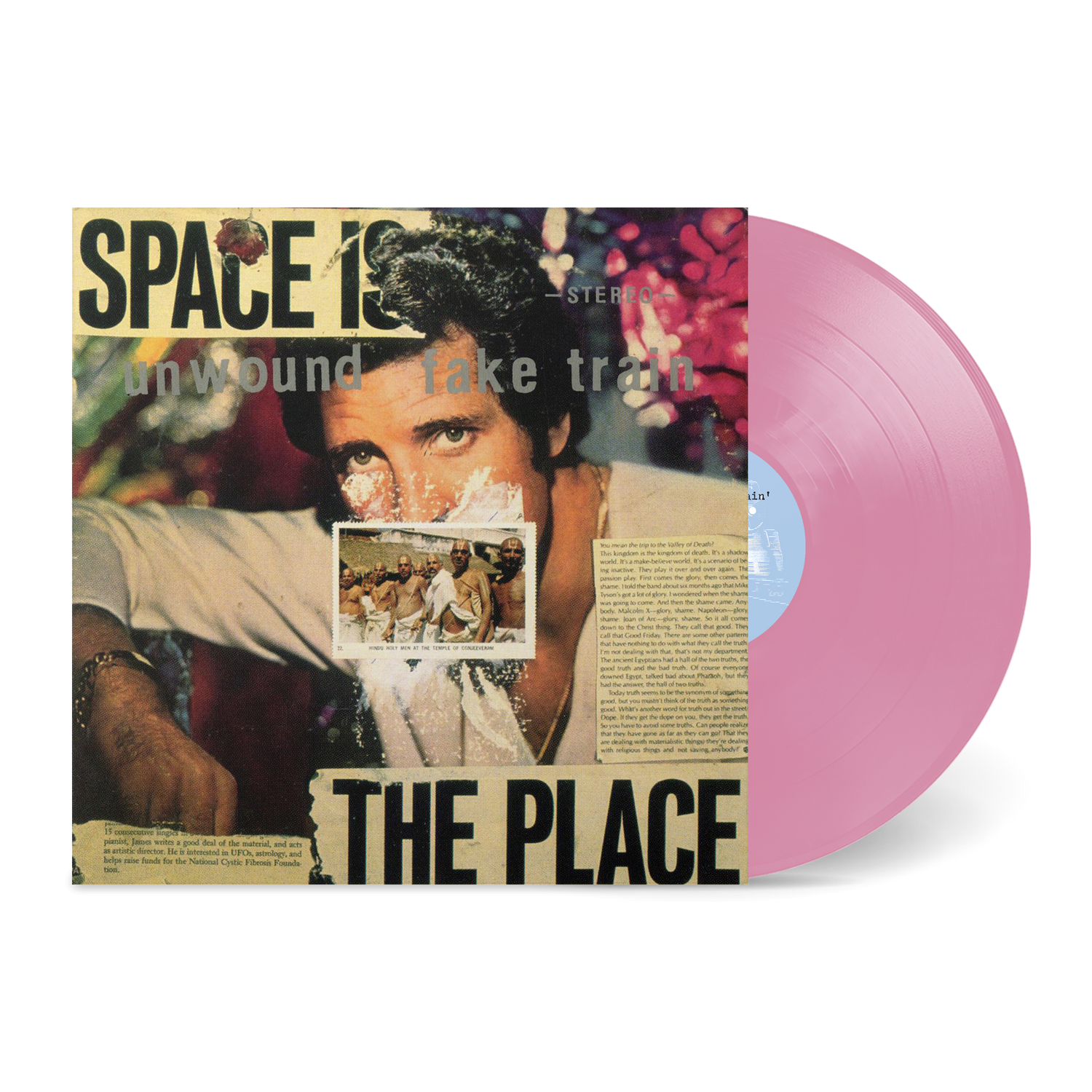 Fake Train pink vinyl record by Space 13 with vintage collage-style album cover art and text elements