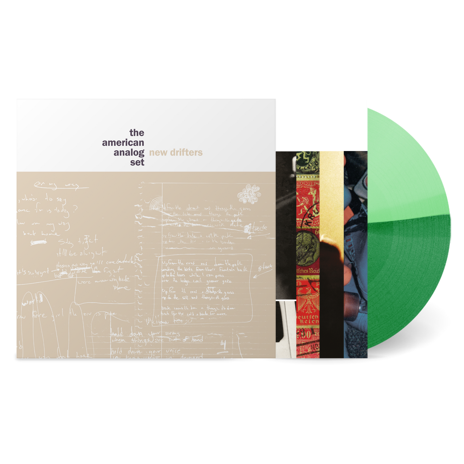 New Drifters vinyl record set featuring green split-color discs with abstract and beige album cover artwork.