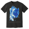 Black t-shirt with blue graphic design on a white background