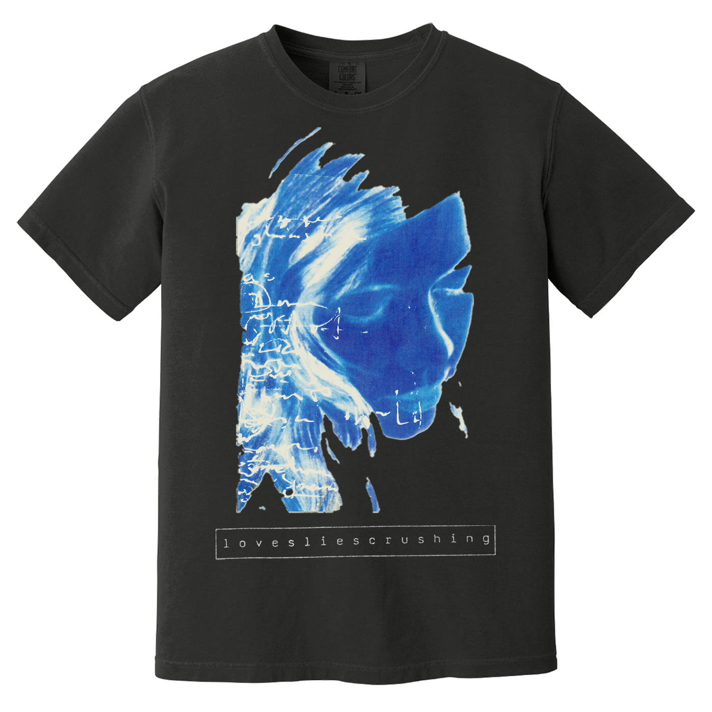 Black t-shirt with blue graphic design on a white background