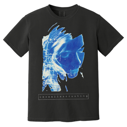 Black t-shirt with blue graphic design on a white background