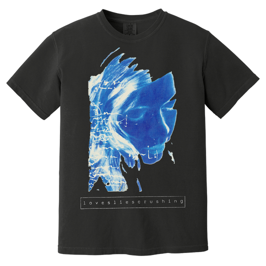 Black t-shirt with blue graphic design on a white background