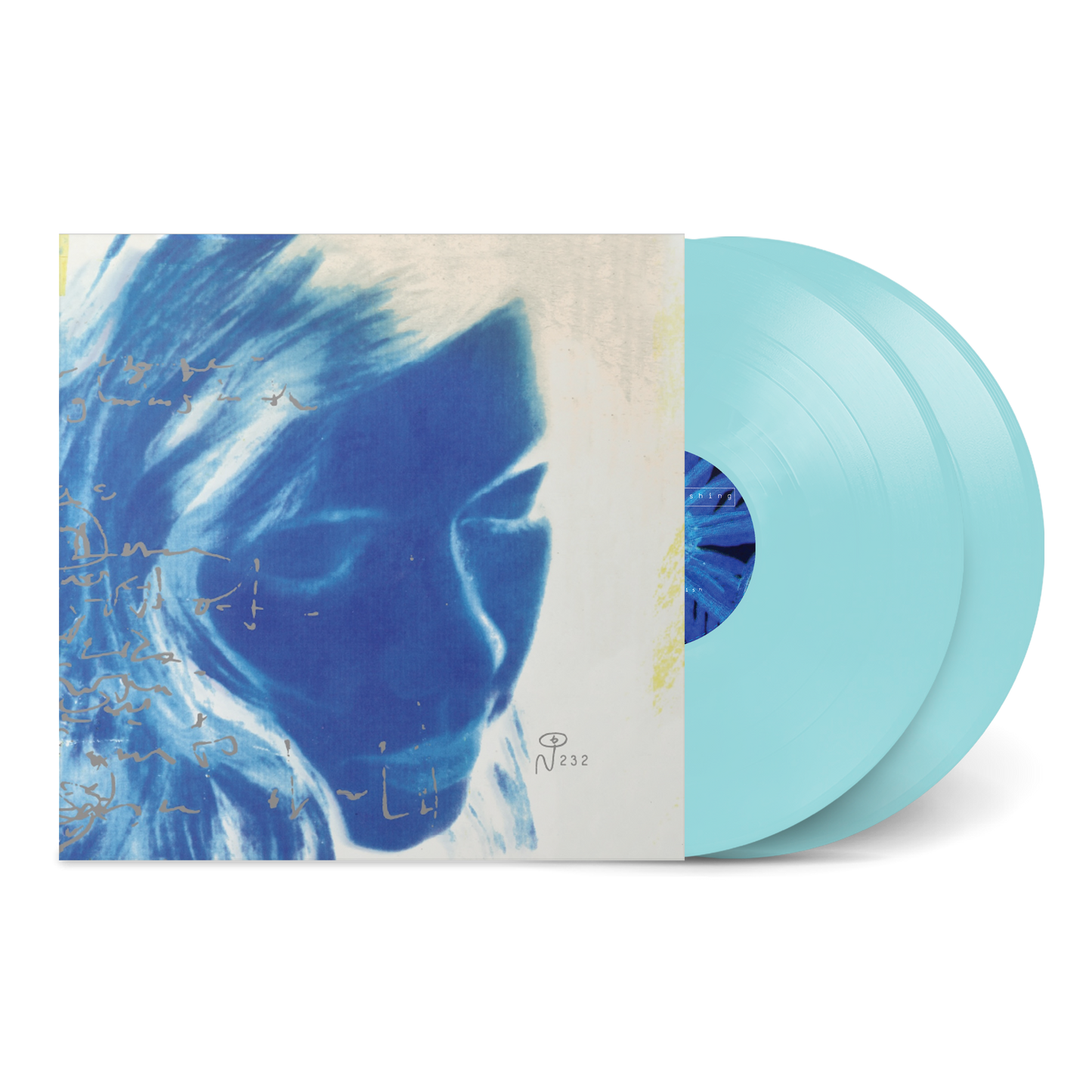 Vinyl record with a blue cover featuring an artistic design on a white background