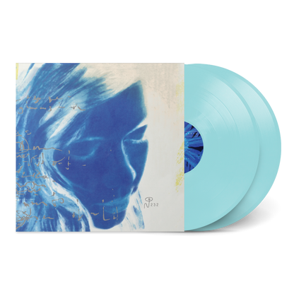 Vinyl record with a blue cover featuring an artistic design on a white background