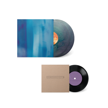 Vinyl record with a colorful cover and a black record with a purple label on a white background