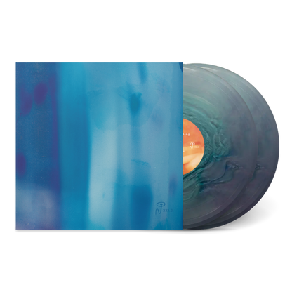 Vinyl record with a blue cover on a white background