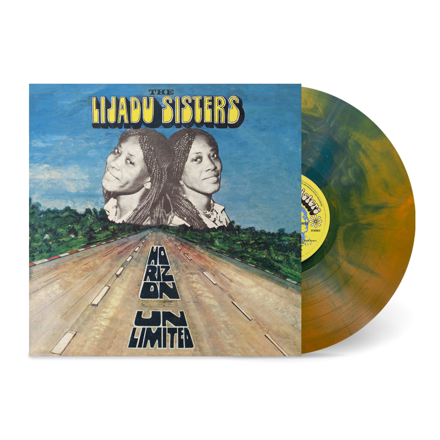 Horizon Unlimited vinyl record with colorful marbled design and album cover featuring The Lijadu Sisters against a sky background