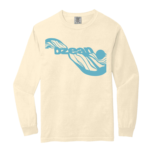 Cream long sleeve Logo T-Shirt with ocean wave graphic and sun design in light blue across the chest