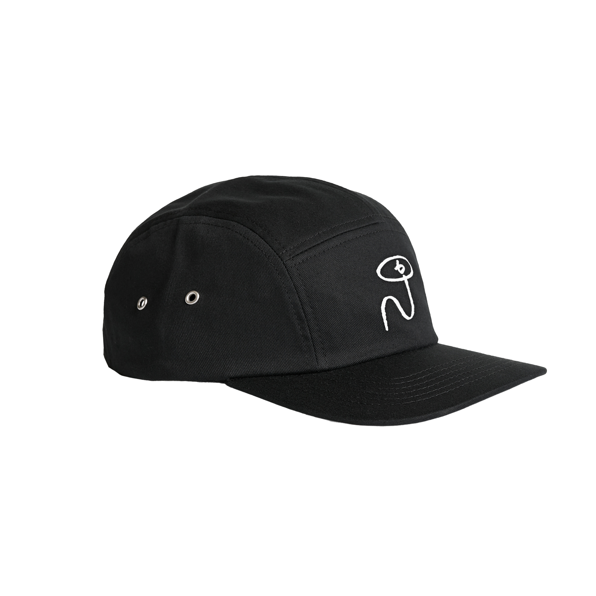 Numero Five Panel Cap in black with white minimalist logo embroidery on front panel