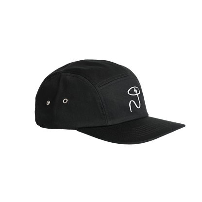 Numero Five Panel Cap in black with white minimalist logo embroidery on front panel