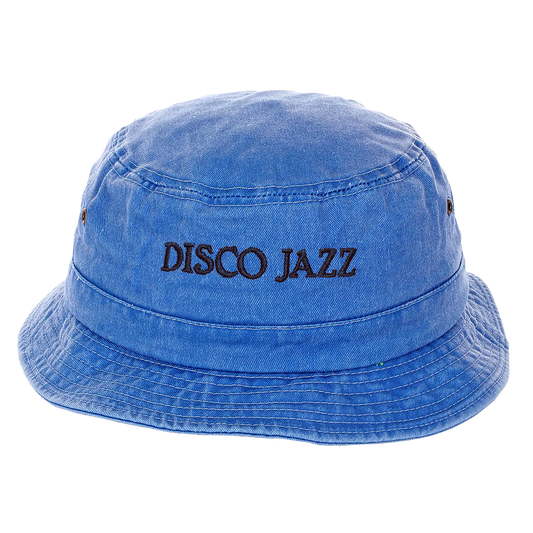 Blue fabric Disco Jazz Bucket Hat with black embroidered text and stitched brim design