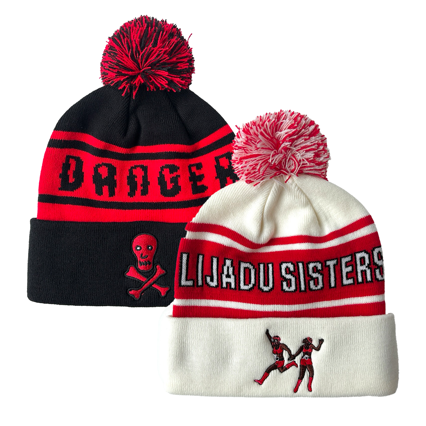 Two colorful knit beanies with pom-poms featuring bold text and graphics, including the Lijadu Sisters Winter Hat.