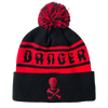 Lijadu Sisters Winter Hat in black and red with pom-pom and skull and crossbones detail on cuff