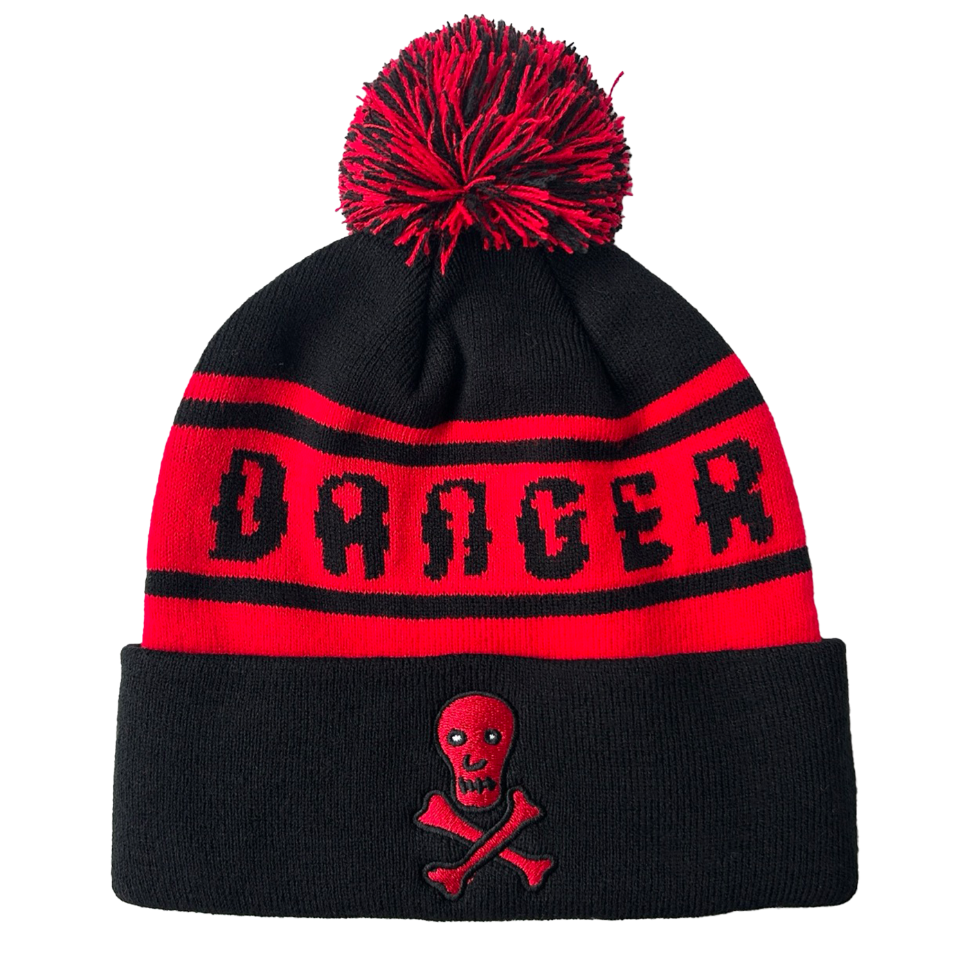 Lijadu Sisters Winter Hat in black and red with pom-pom and skull and crossbones detail on cuff