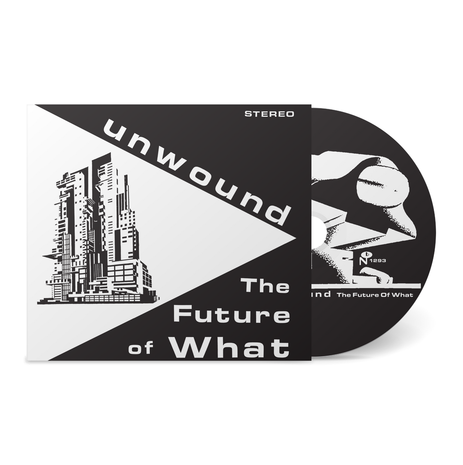 Black and white CD cover and disc for The Future of What by unwound featuring abstract cityscape and geometric design