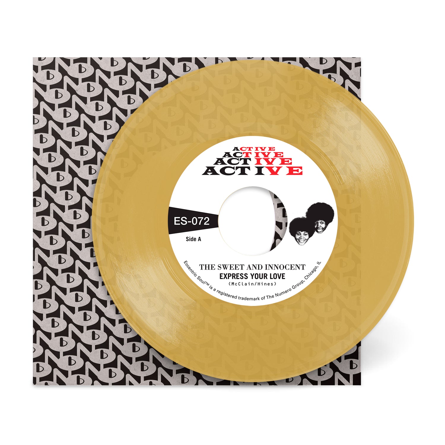 Express Your Love b/w Cry Love vinyl record in translucent gold with retro label and patterned sleeve background