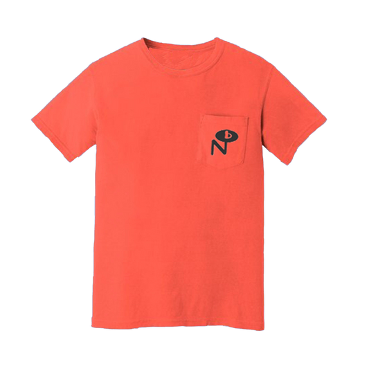 Salmon Pocket T-shirt in bright coral with a small black graphic printed on the chest pocket