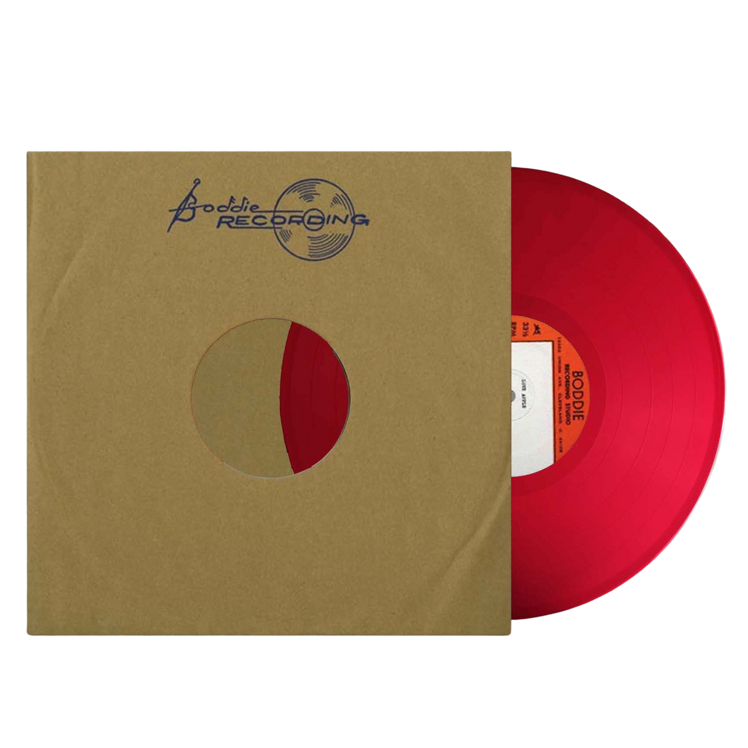 Love Apple featuring a red vinyl record partially visible in a brown paper sleeve with a logo print.