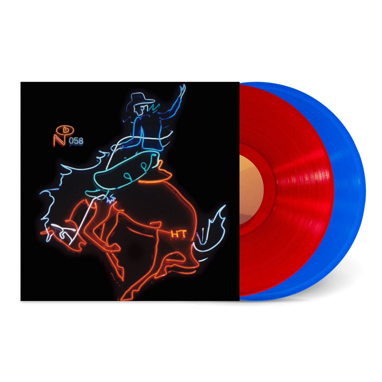 Cosmic American Music vinyl record with glowing neon cowboy riding a bucking bronco on the cover and red and blue discs.