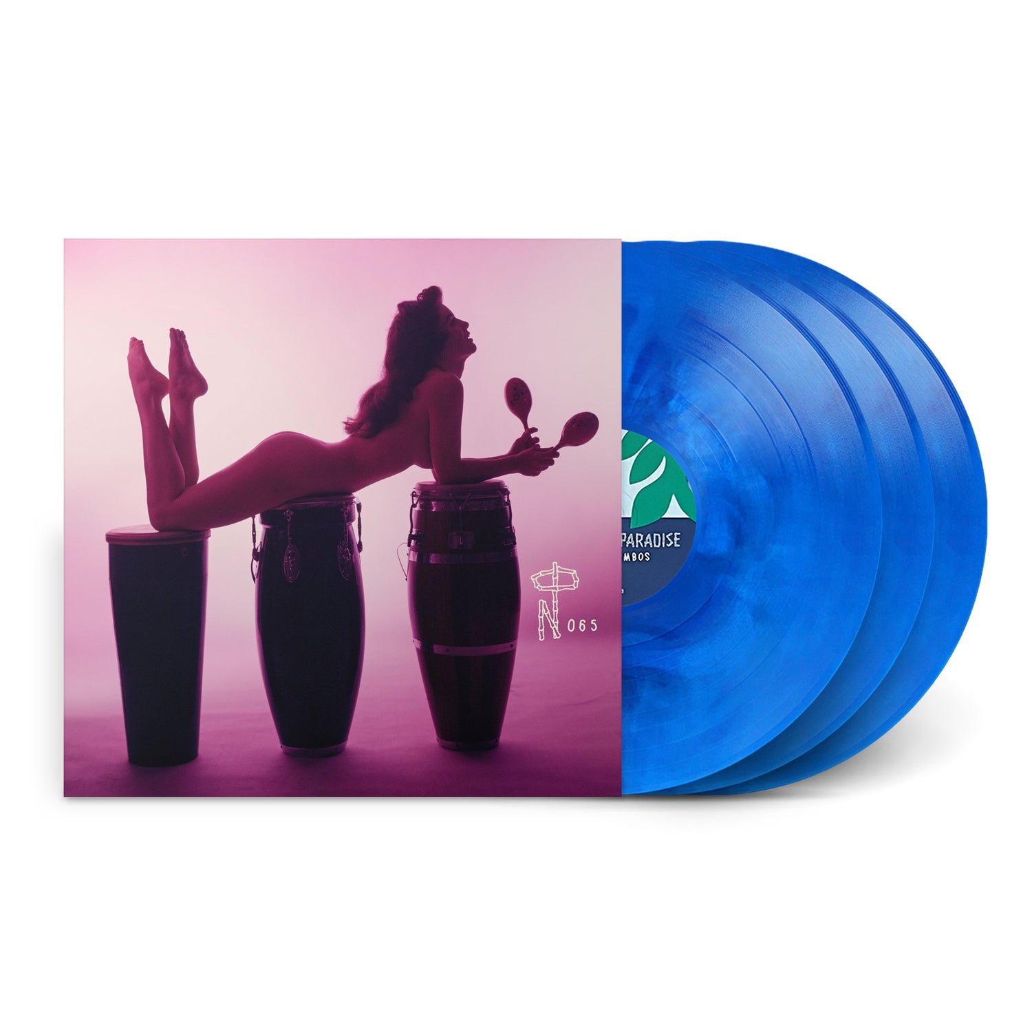 Blue vinyl record set with tropical cover art featuring a silhouette on conga drums for Rhum Rhapsodies & Other Exotic Delights