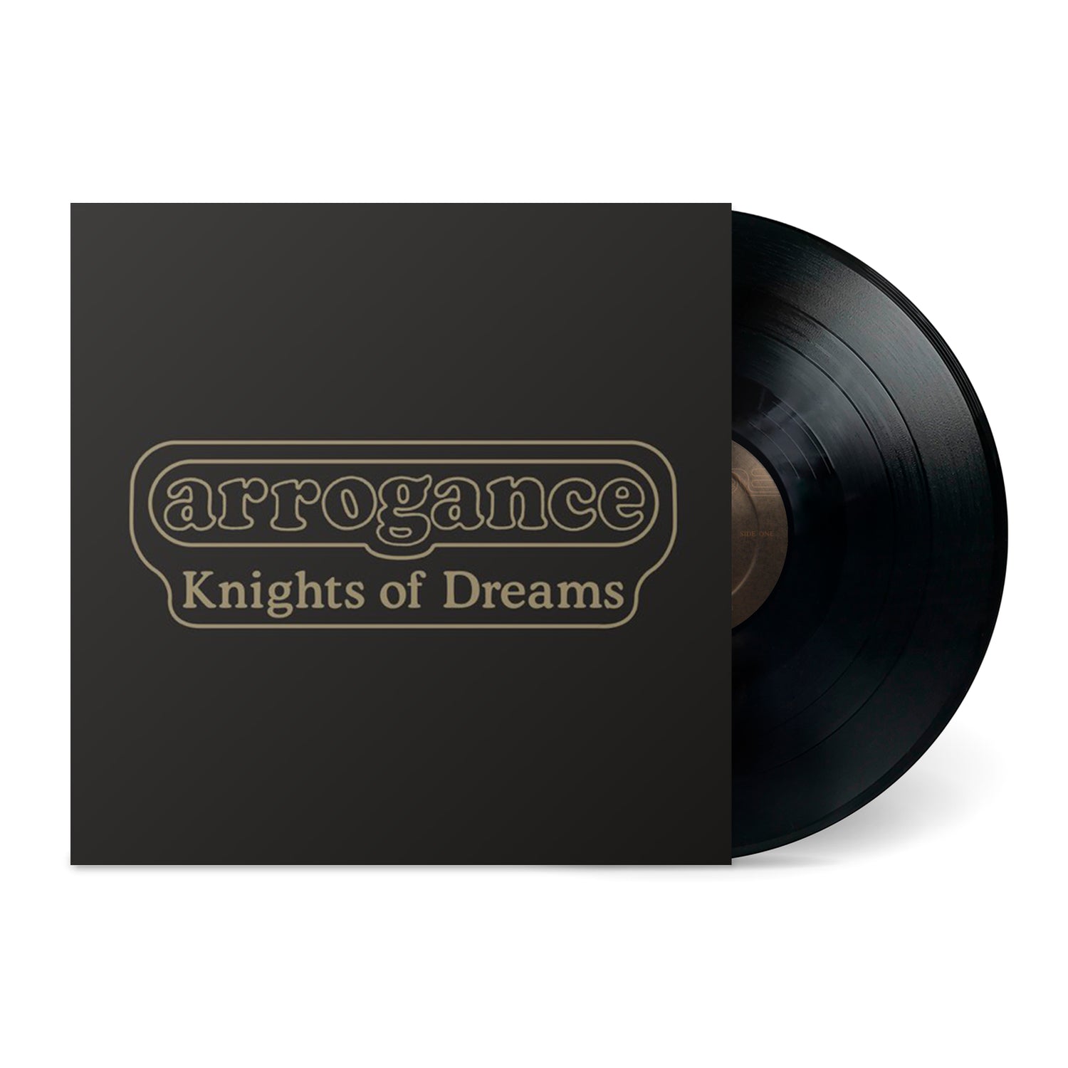 Vinyl record partially pulled out of black sleeve with "arrogance" and Knights Of Dreams text on cover.