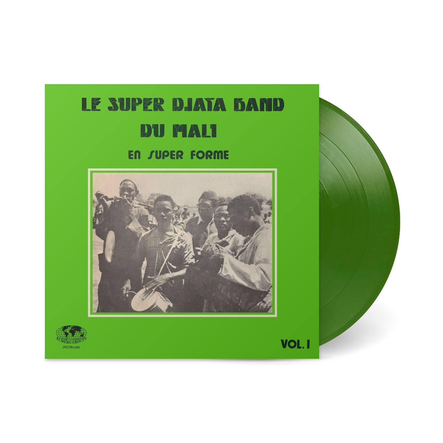 Green vinyl record with vintage photo on cover titled En Super Forme Vol. 1 by Le Super Djata Band of Mali