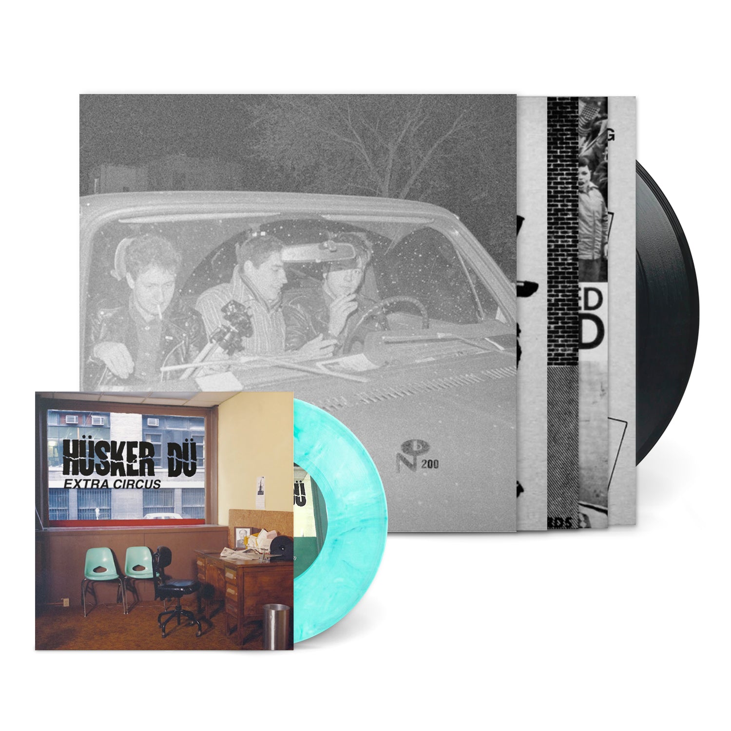 Savage Young Dü vinyl record with black and turquoise colored records and album cover art