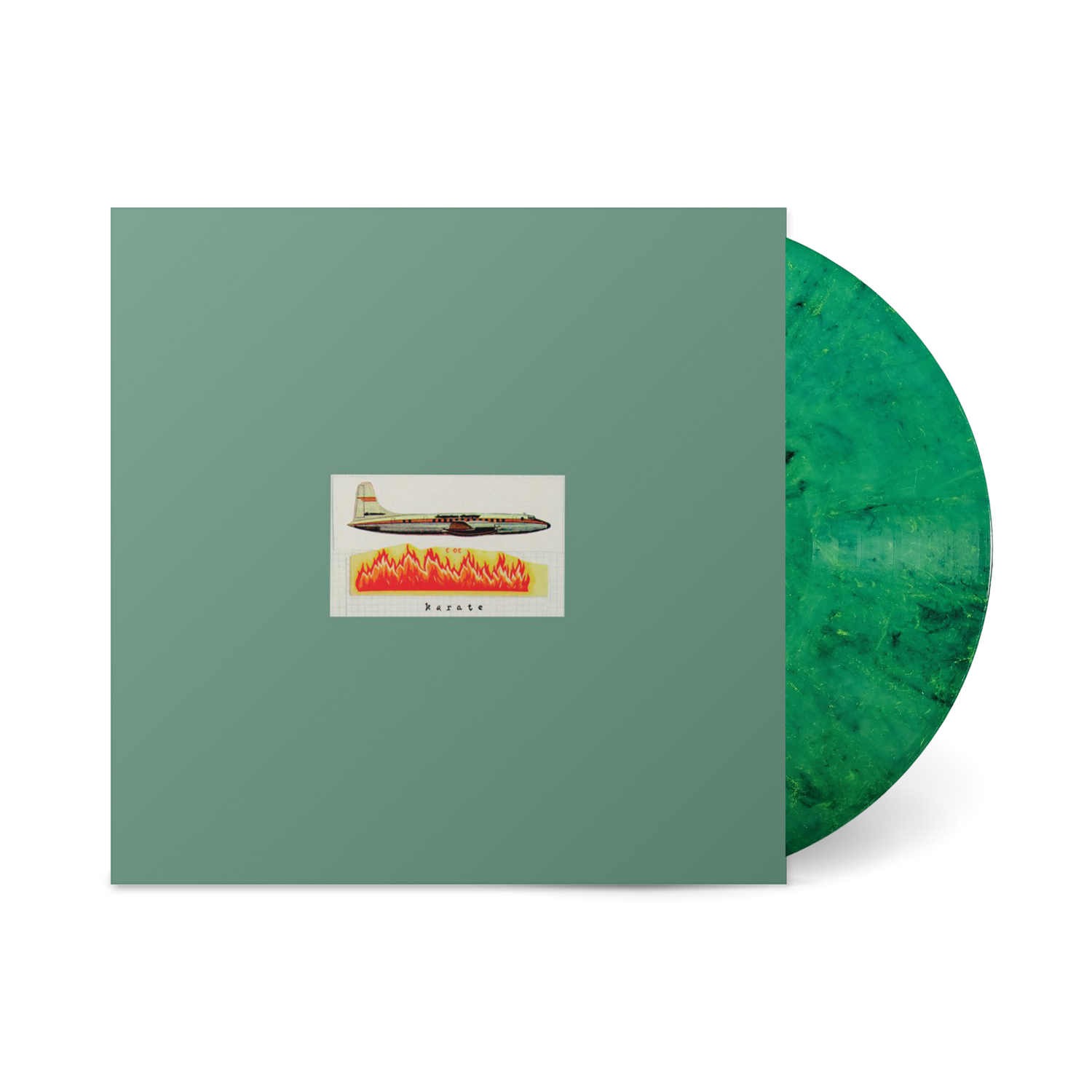 Karate vinyl record with green marbled design and minimalist cover featuring an airplane and flames illustration