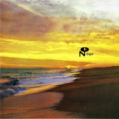 Sunset over ocean waves on a beach with the logo and catalog number for Apocryphal Hymns by Numero Group