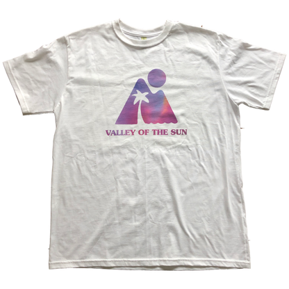 White T-Shirt with purple and pink gradient graphic of mountain, sun, and palm tree with Valley of the Sun text