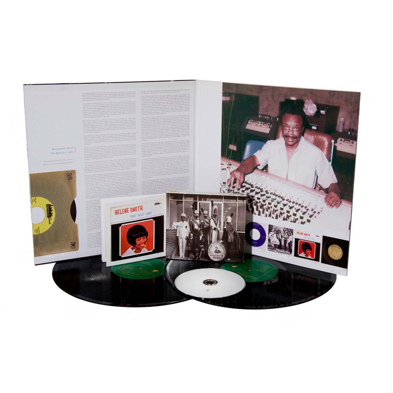 The Deep City Label vinyl records and CD collection with vintage photos and liner notes displayed.